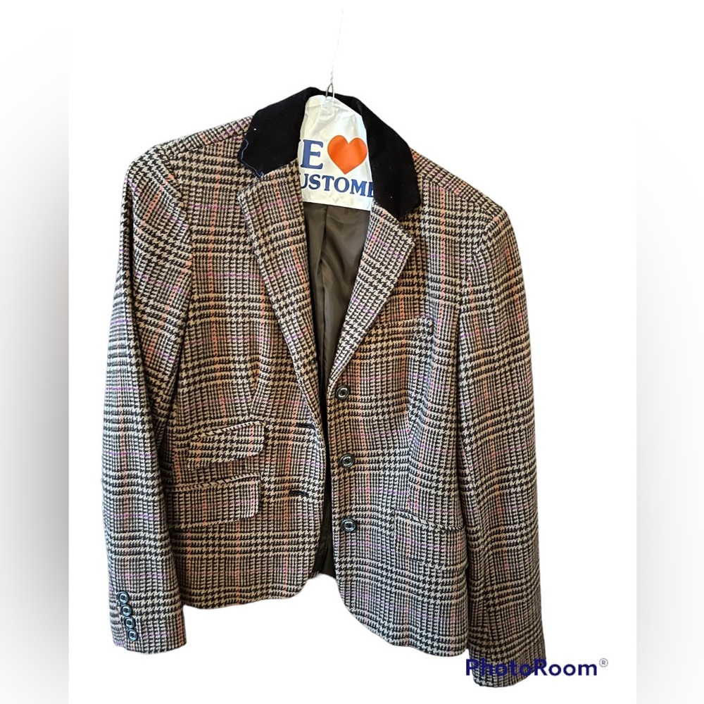 Wool suit jacket, size 2 woman’s dress jacket tan plaid chaps brand  -Vintage